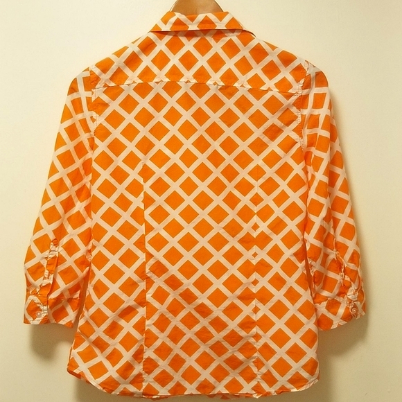 silk blend button down, orange and white diamond /lattice print - Picture 2 of 3